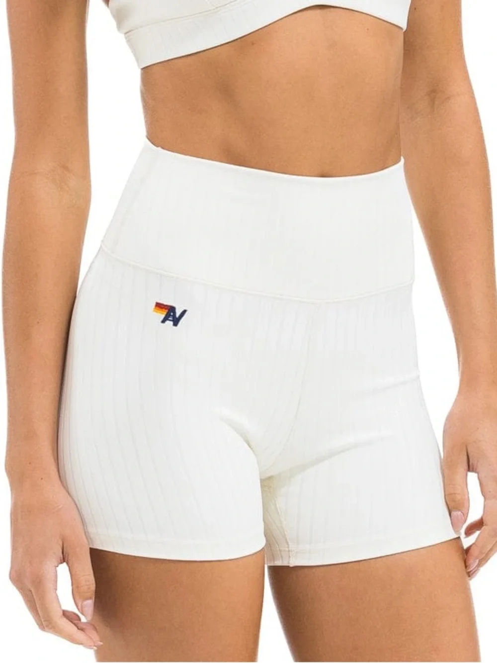 Aviator Nation Wide Rib 4in Hi-Rise Biker Shorts - Vintage White NWOT